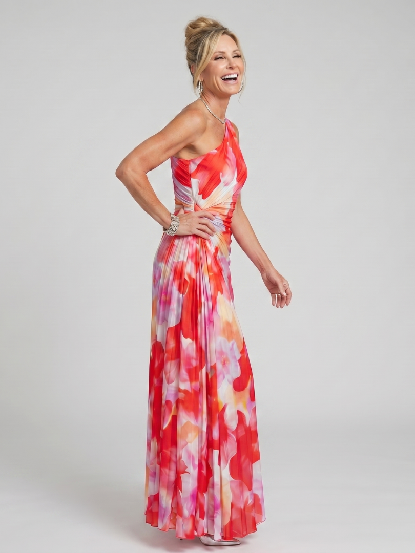 Taya - Eén Schouder Plissé Corsage Midi Jurk