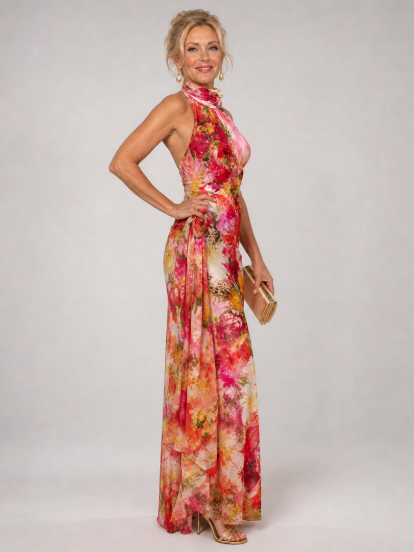 Elisabetta - Halter Nek Bloemenprint Maxi Jurk
