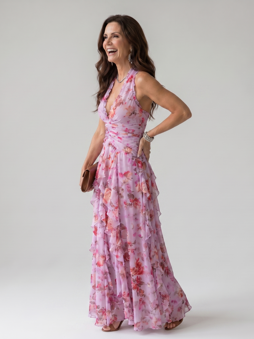 Nori - Halter Neck Rimpel Bodice Bloemen Maxi Jurk