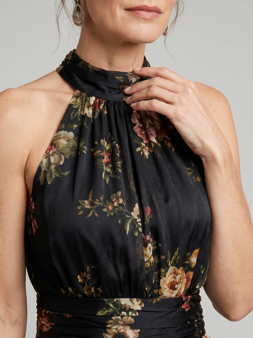 Sior - Bloemen Halter Nek Midi Jurk