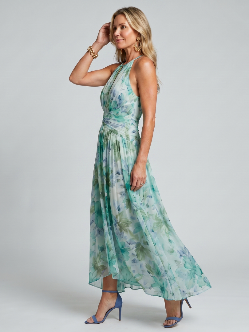 Portia - Plissé Halter Zachte Bloemenpatroon Midi Jurk