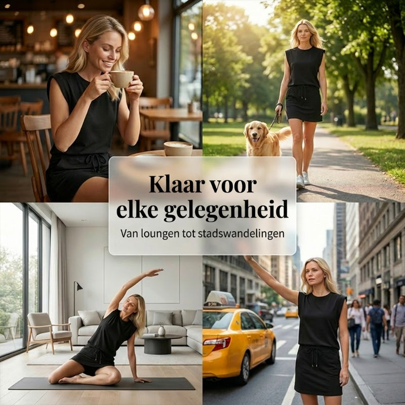 Set bestaande uit een moderne mouwloze top en een rok met trekkoord