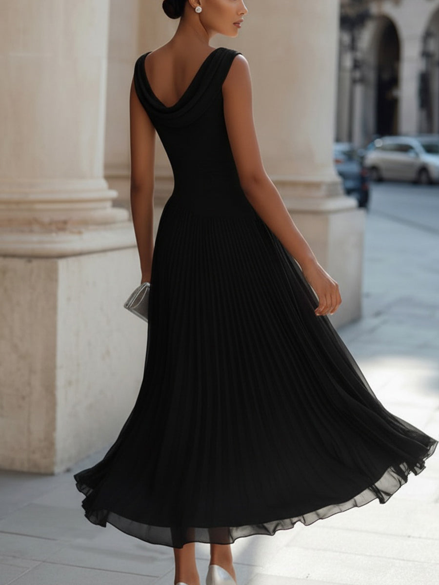 Draped Neck Sleeveless Pleated Midi Dress – Occasion