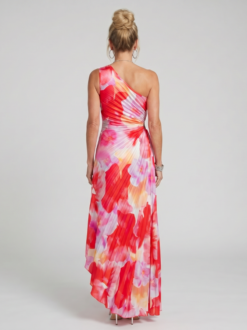Taya - Eén Schouder Plissé Corsage Midi Jurk