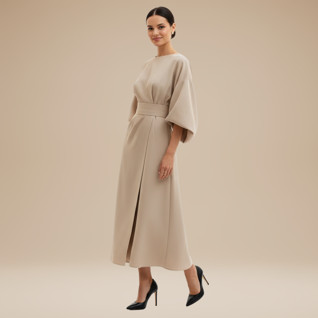 Belted Wide Sleeve Wrap Midi Dress