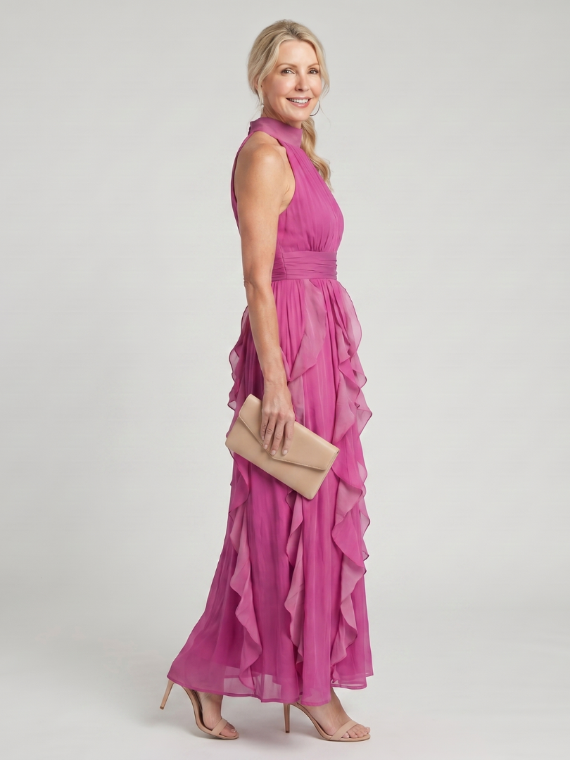 Orea - Maxi-jurk met hoge hals en geplooide ruffle-lagen