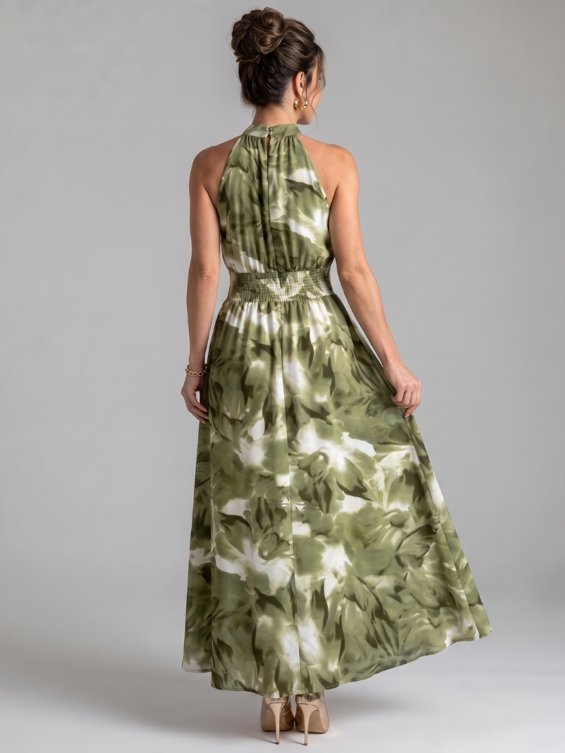 Olivia - Geplooide Taille Abstract Print Midi Jurk