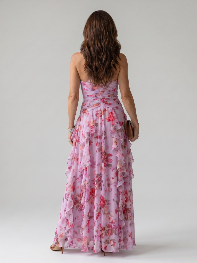 Nori - Halter Neck Rimpel Bodice Bloemen Maxi Jurk
