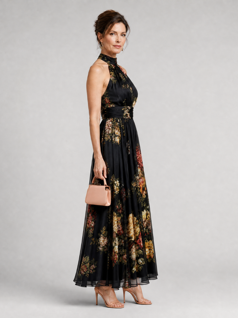 Sior - Bloemen Halter Nek Midi Jurk