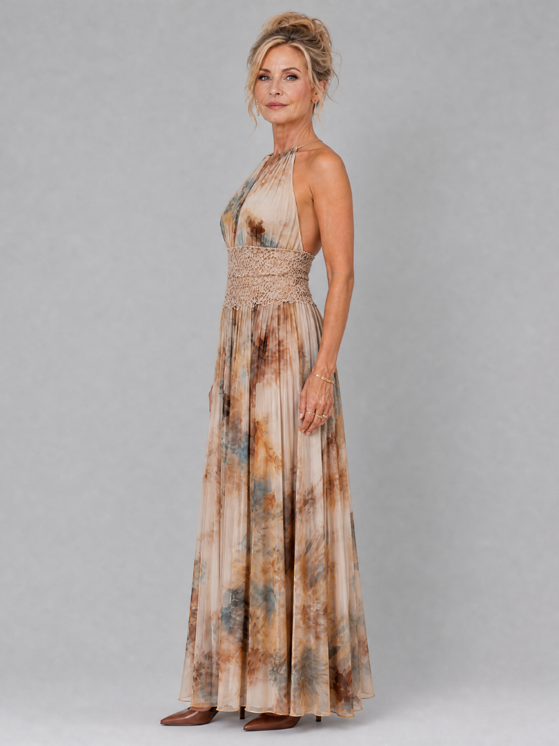 Elavenue - Halter Nek Kanten Taille Maxi Jurk