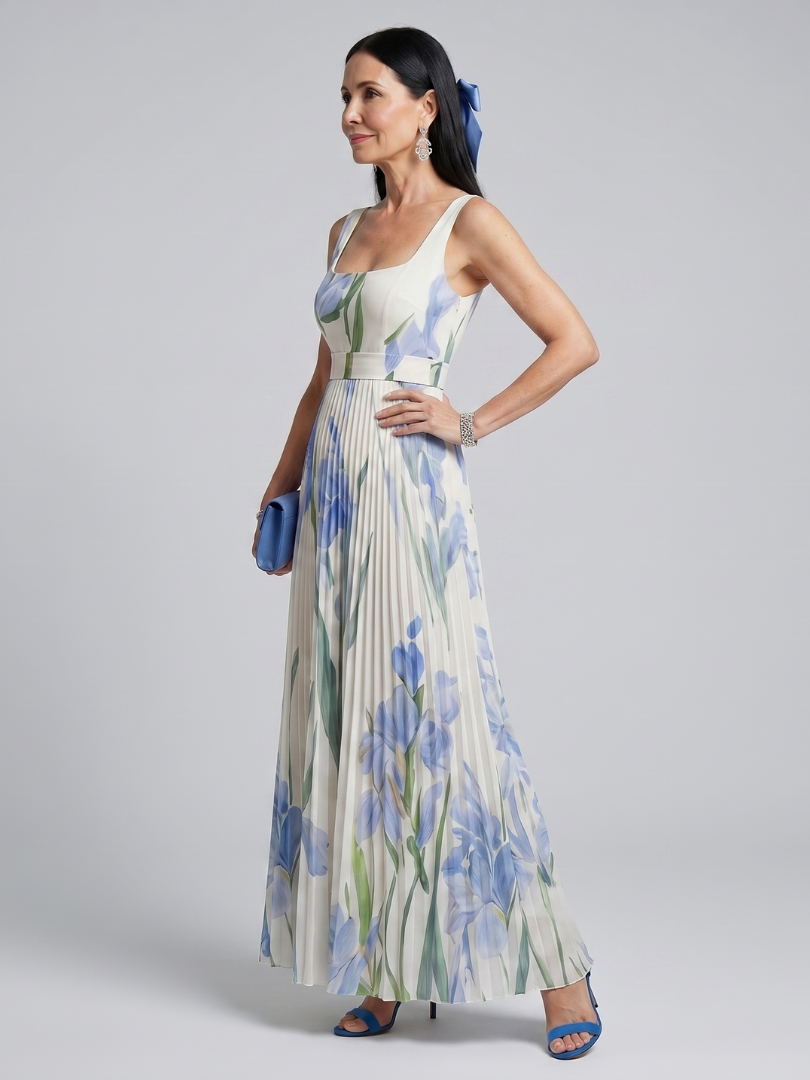 Ophelia - Mouwloze Midi-jurk met Vierkante Hals en Bloemenprint