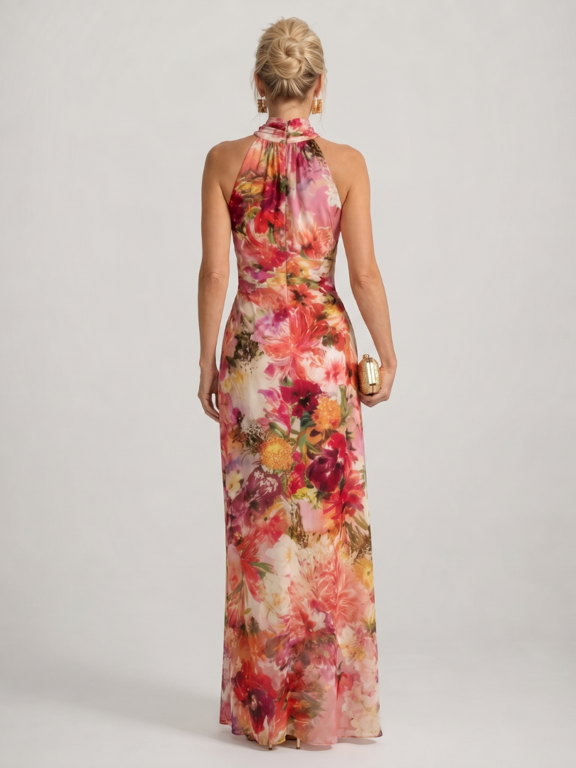 Elisabetta - Halter Nek Bloemenprint Maxi Jurk