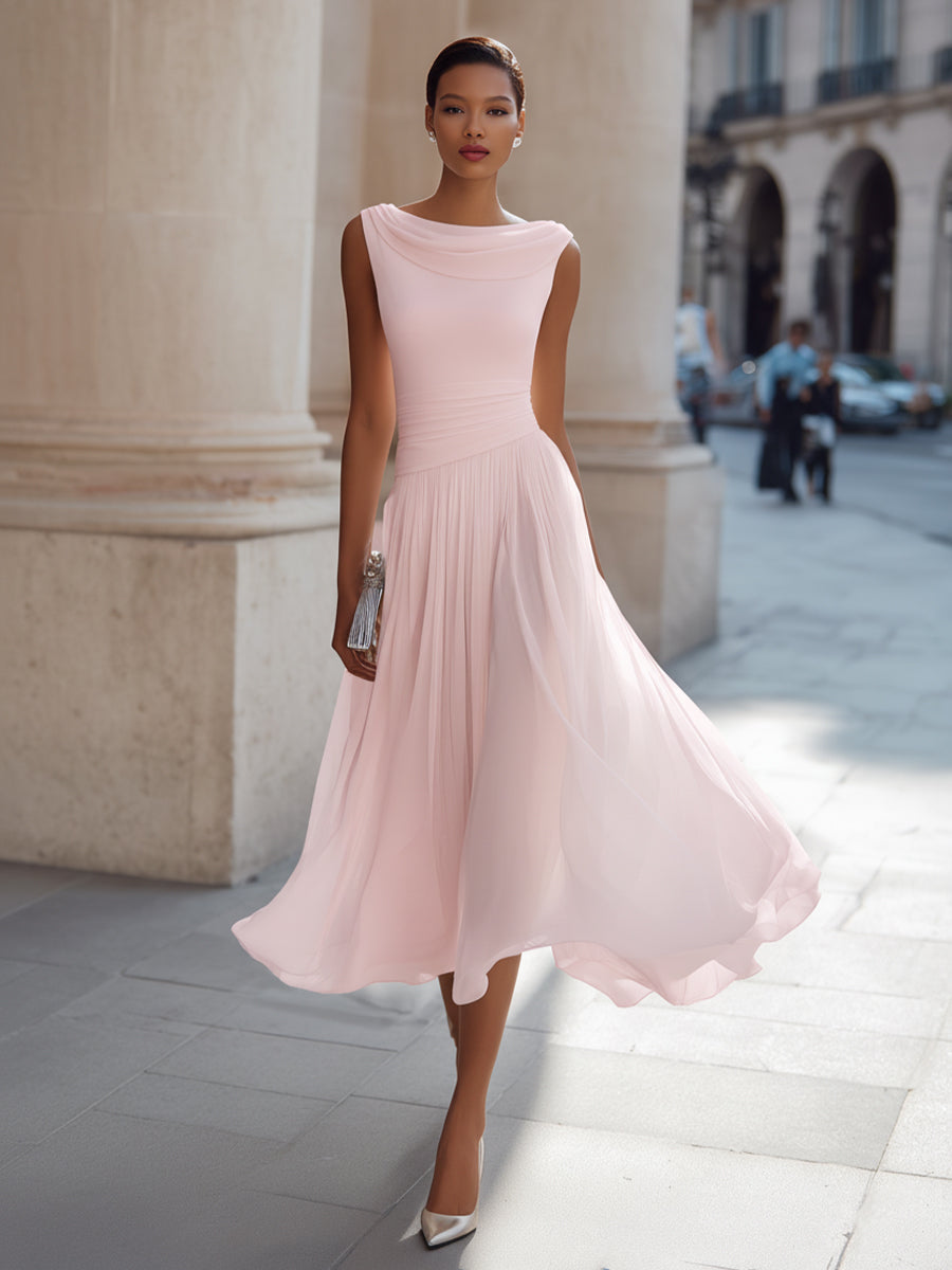 Draped Neck Sleeveless Pleated Midi Dress – Occasion