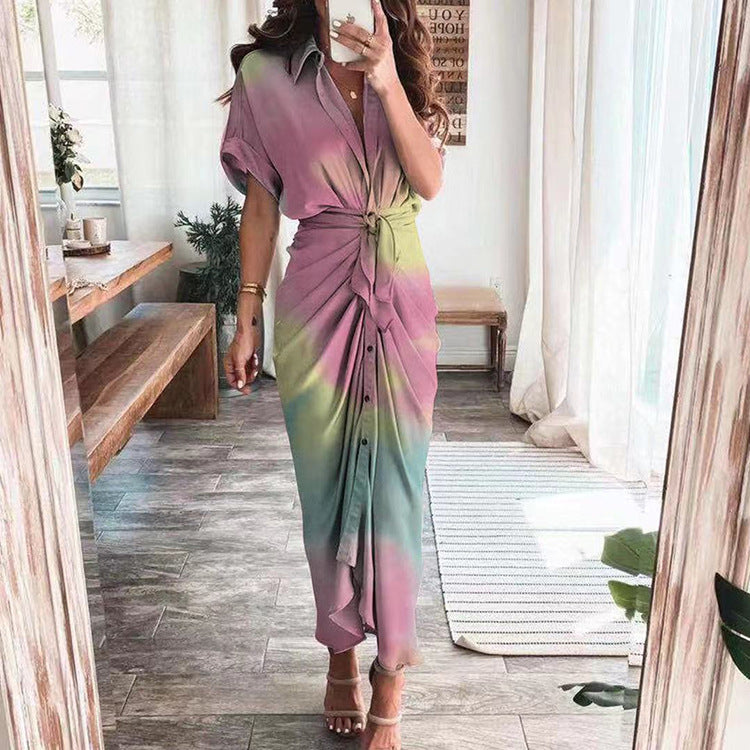 Satin Ruffle Front Wrap Shirt Dress