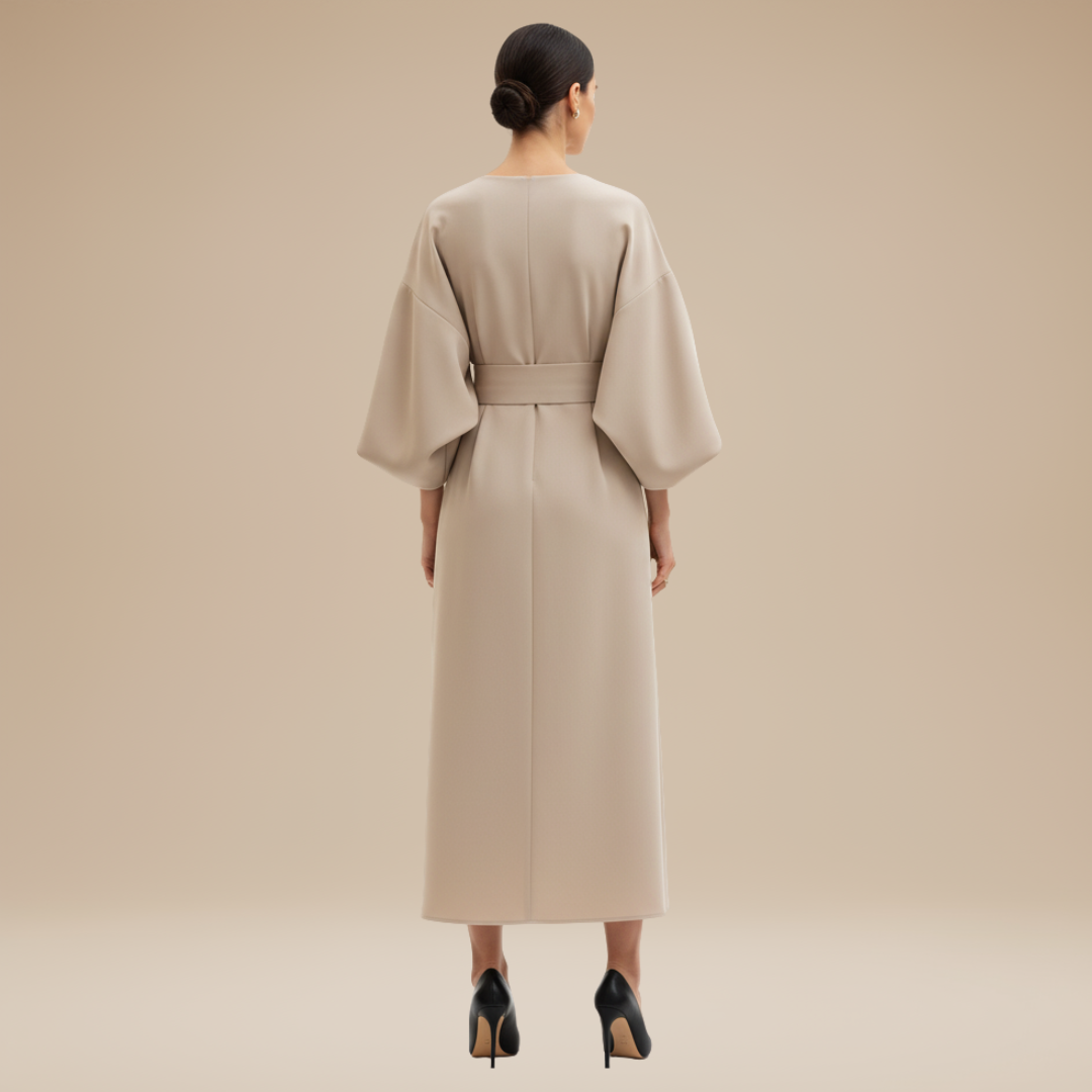 Belted Wide Sleeve Wrap Midi Dress
