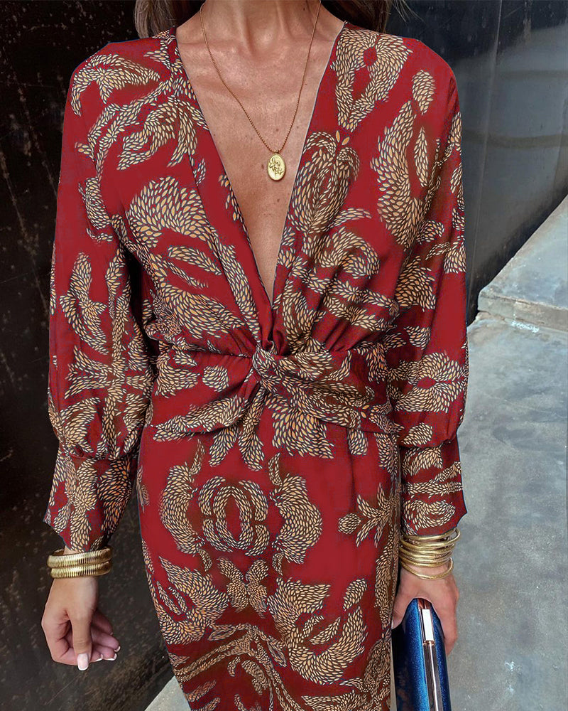 Audrey - Vintage printed V-neck long-sleeve elegant dress