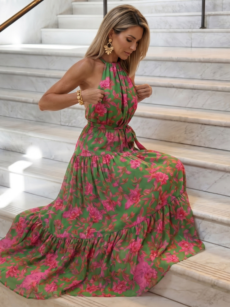 Rowen - Geplooide Halter Midi Jurk