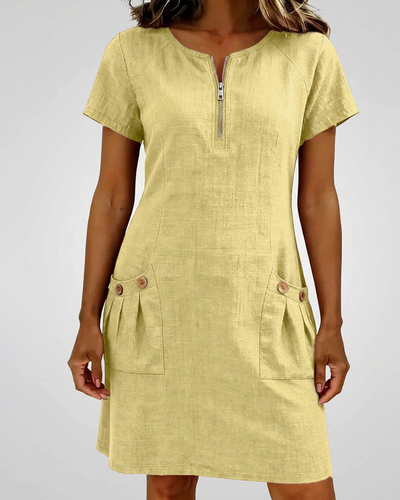 Zara | Cotton Linen A-Line Dress with Zip Pocket