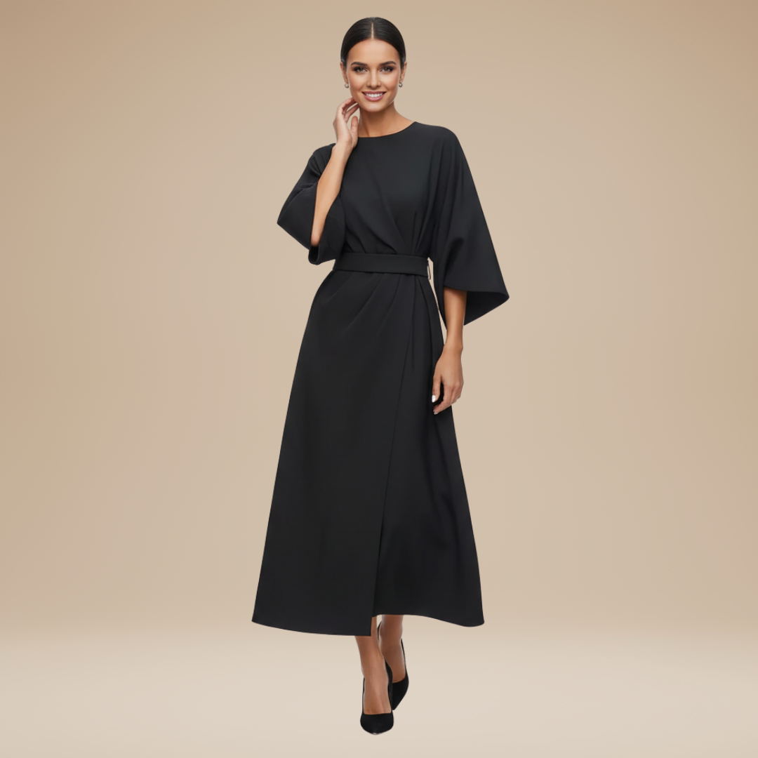 Belted Wide Sleeve Wrap Midi Dress