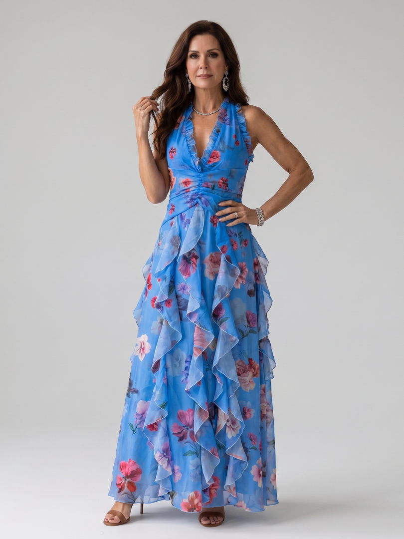 Nori - Halter Neck Rimpel Bodice Bloemen Maxi Jurk