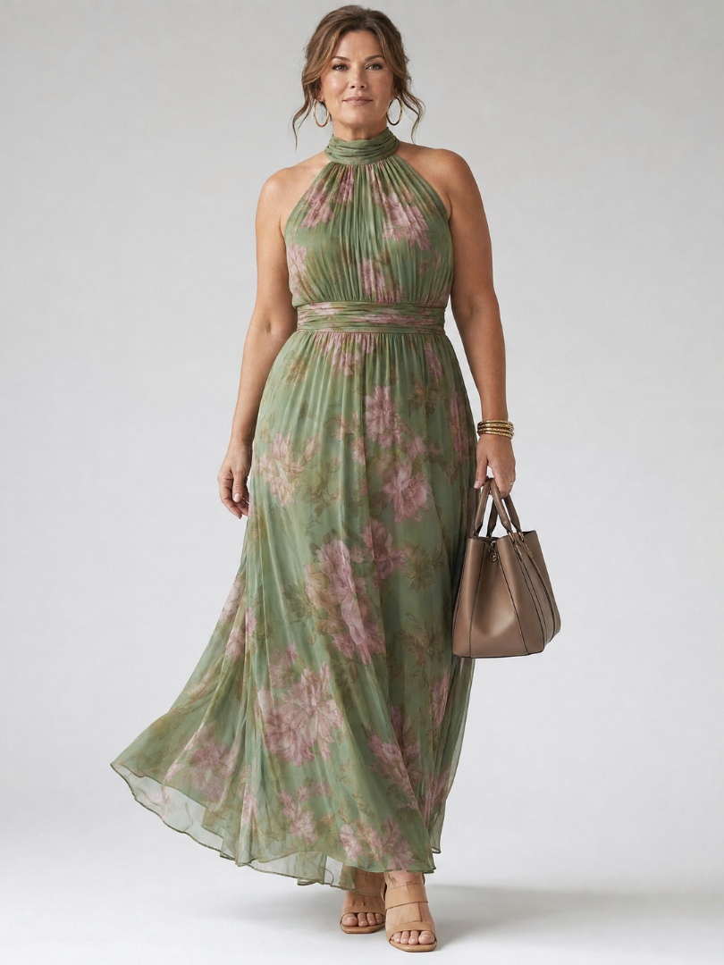 Mirelle - Geplooide Halter Midi Jurk
