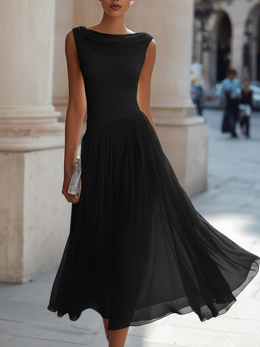 Draped Neck Sleeveless Pleated Midi Dress – Occasion