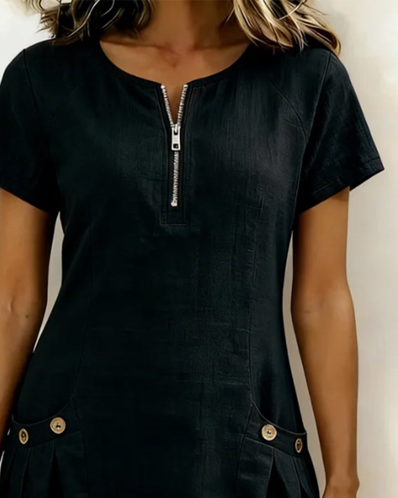 Zara | Cotton Linen A-Line Dress with Zip Pocket