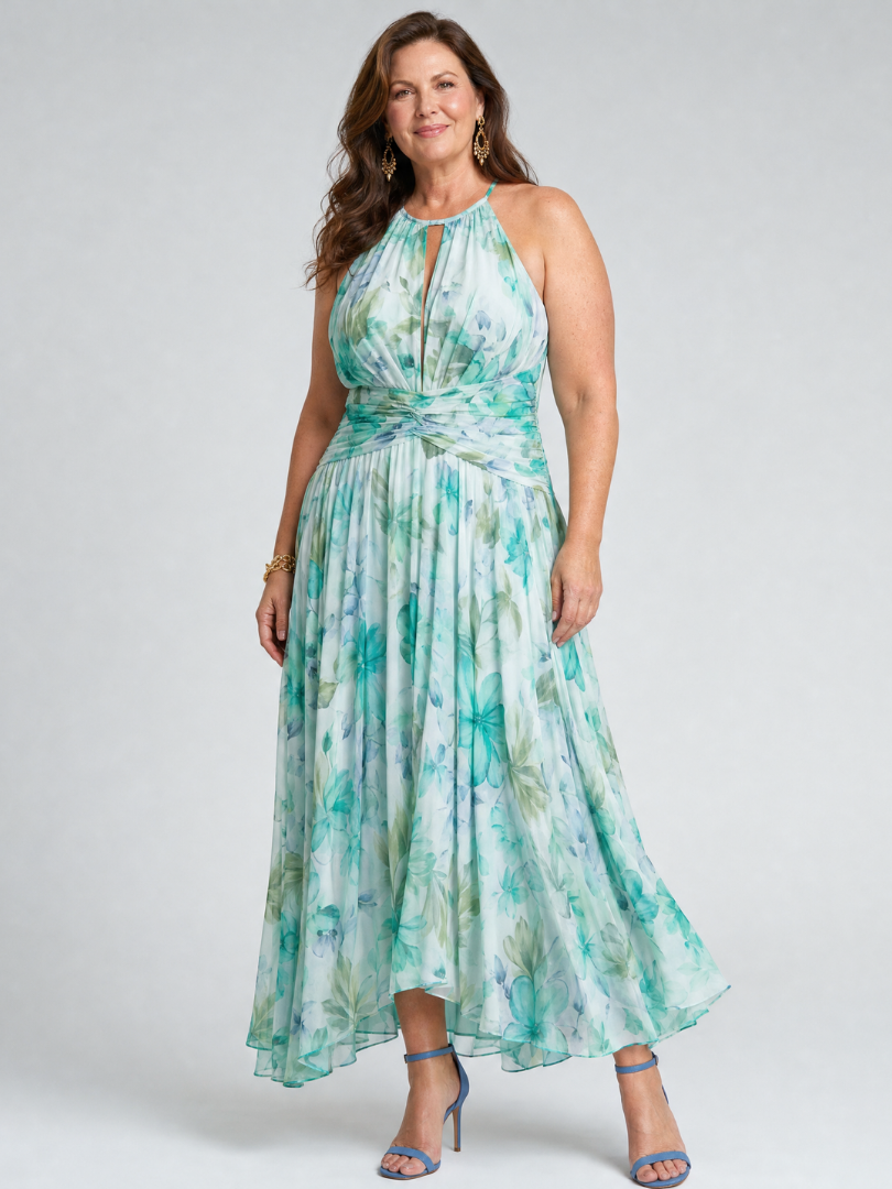 Portia - Plissé Halter Zachte Bloemenpatroon Midi Jurk