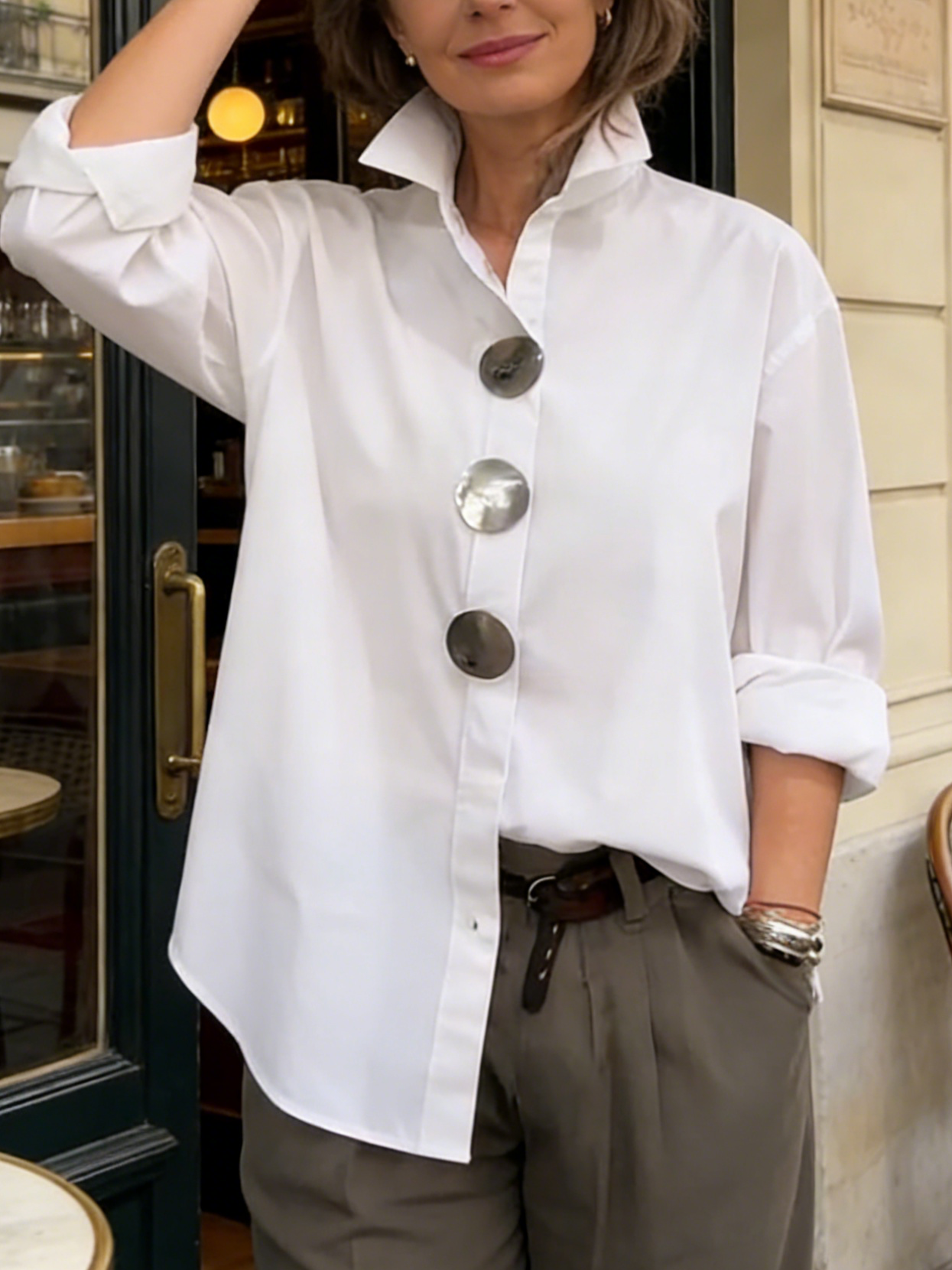 Rosaline™ | Silver Button Stand Collar Blouse