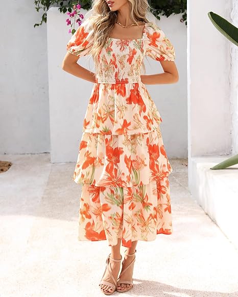 Smocked Square Neck Tiered Summer Dress