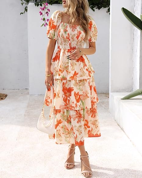 Smocked Square Neck Tiered Summer Dress