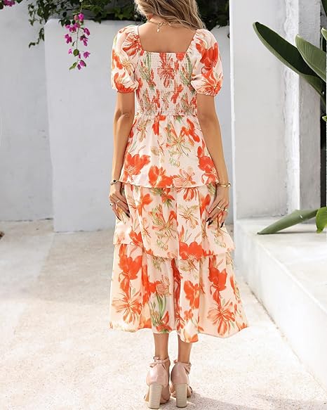 Smocked Square Neck Tiered Summer Dress