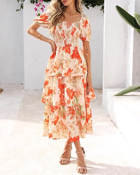 Smocked Square Neck Tiered Summer Dress