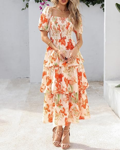 Smocked Square Neck Tiered Summer Dress