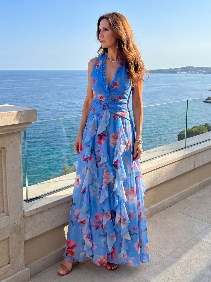 Nori - Halter Neck Rimpel Bodice Bloemen Maxi Jurk
