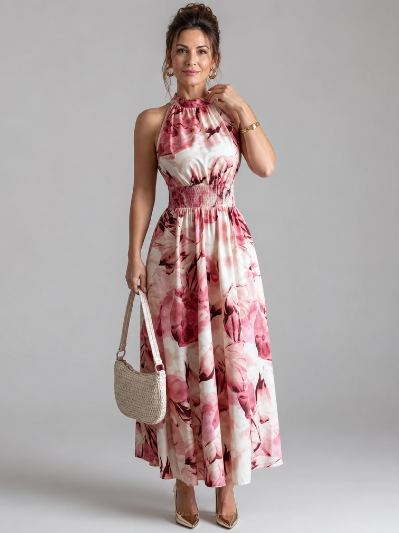 Olivia - Geplooide Taille Abstract Print Midi Jurk