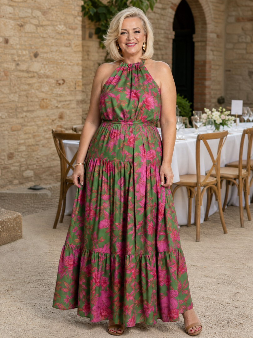 Rowen - Geplooide Halter Midi Jurk