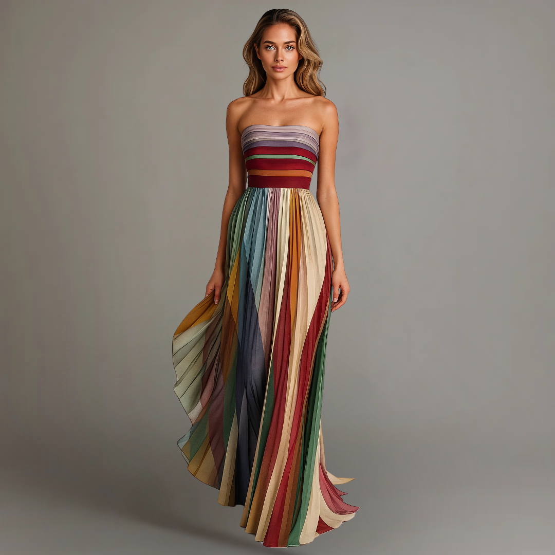 Strapless Pleated Maxi Dress – Striped Summer Dress