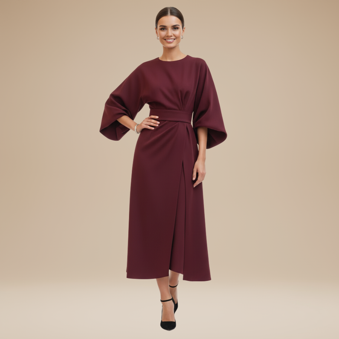 Belted Wide Sleeve Wrap Midi Dress