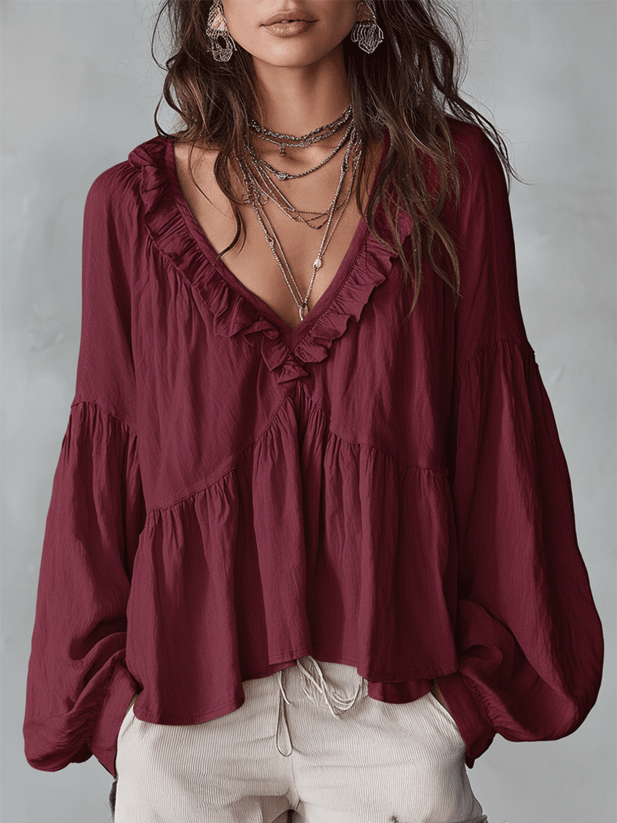 Airy - Vintage-Inspired Ruffle Soft Ruffle Bohemian Blouse