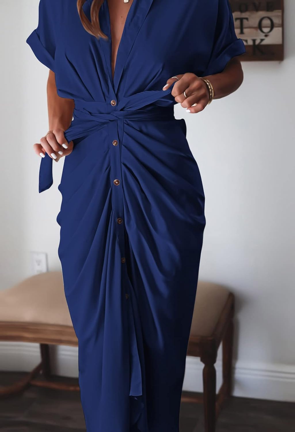 Satin Ruffle Front Wrap Shirt Dress