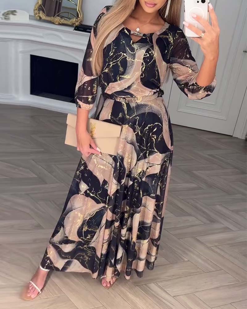Rosy | Elegant Three-Quarter Sleeve Printed Waist Dress