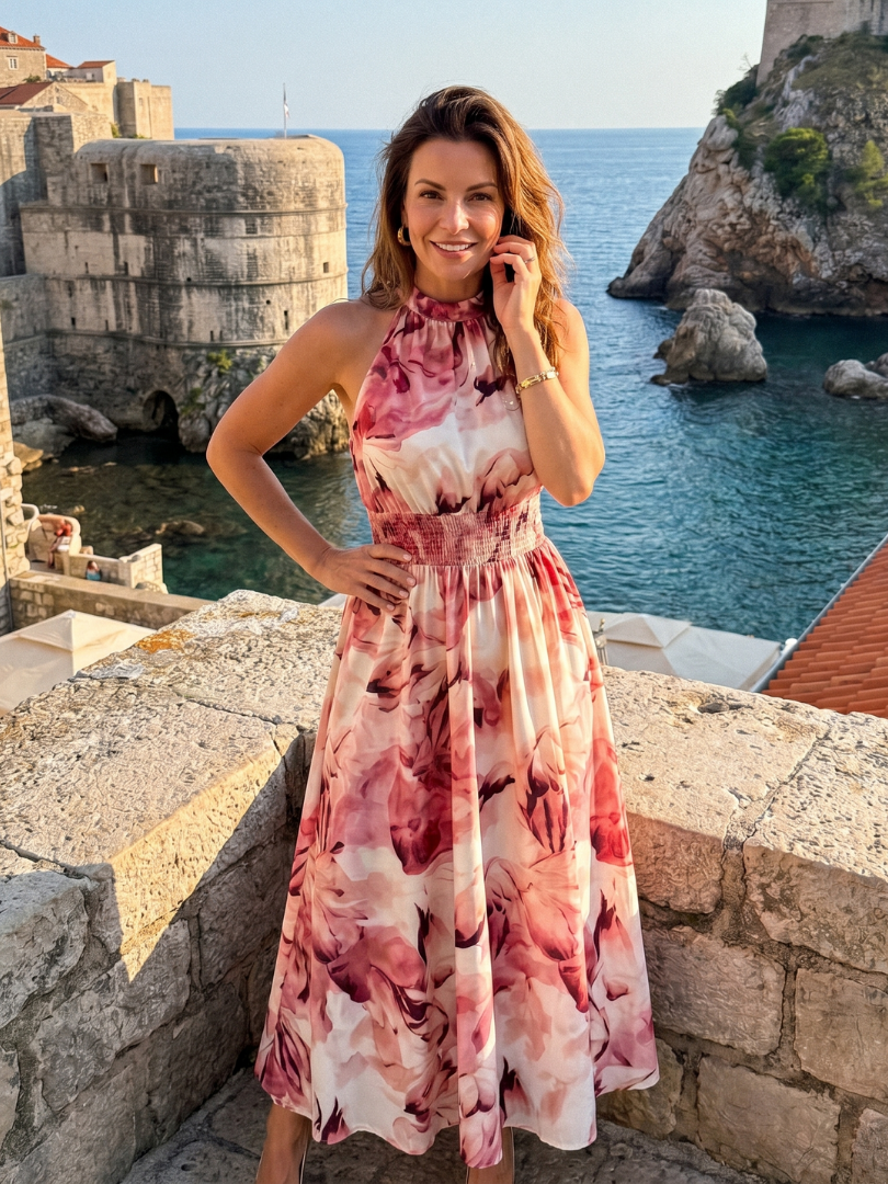 Olivia - Geplooide Taille Abstract Print Midi Jurk