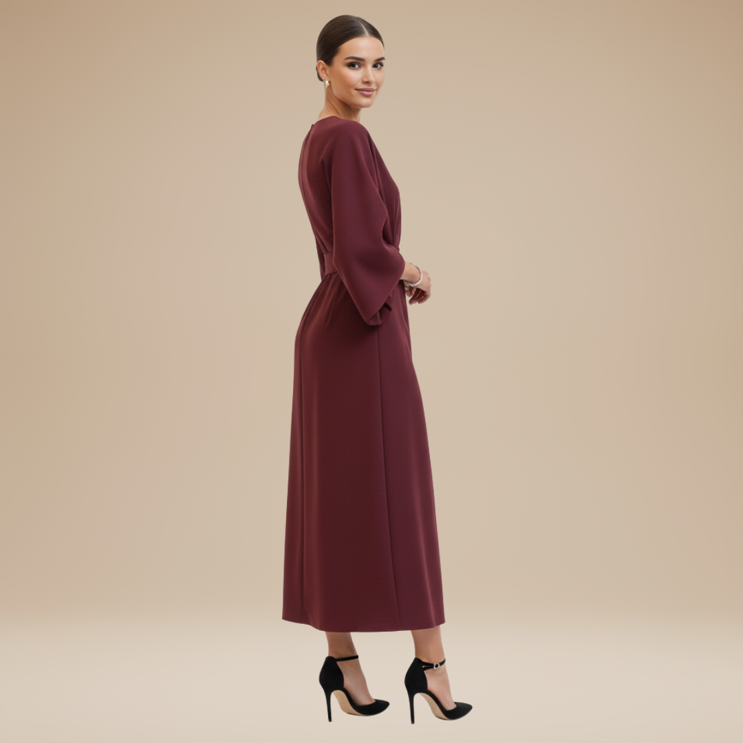 Belted Wide Sleeve Wrap Midi Dress