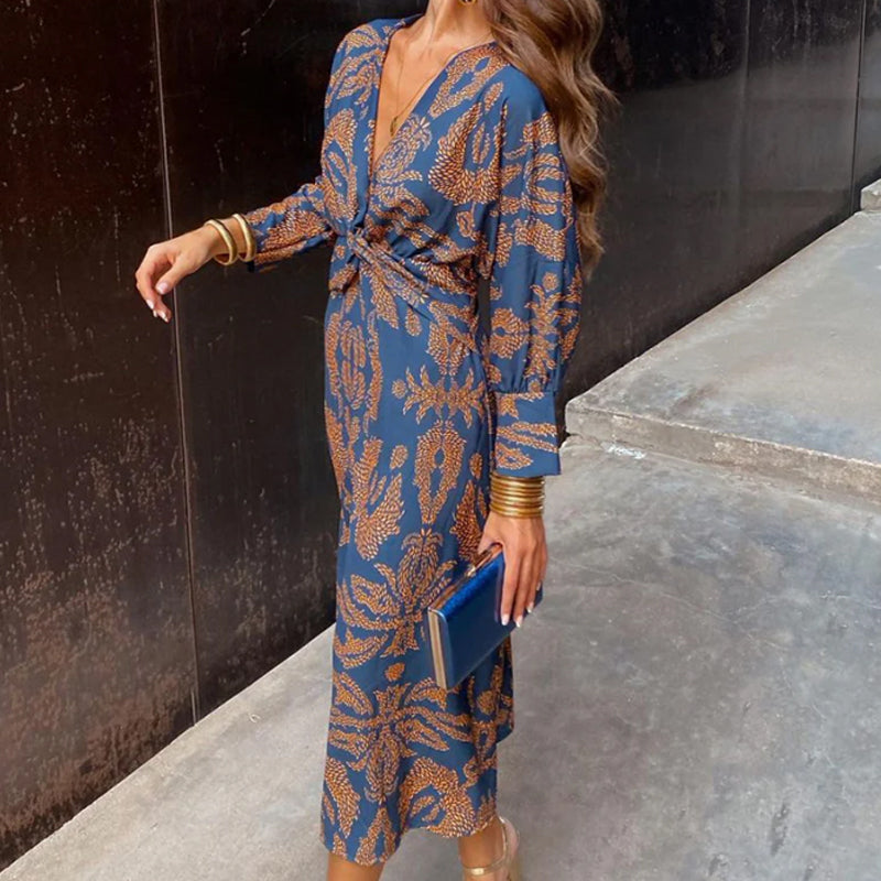 Audrey - Vintage printed V-neck long-sleeve elegant dress