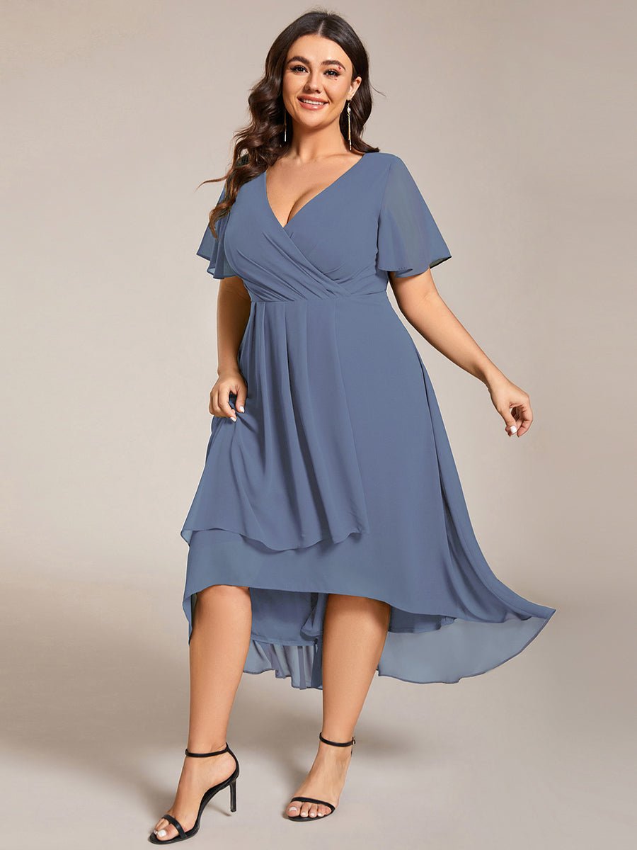 Evelyn - Deep V-Neck Chiffon Ruffle Sleeve Dress