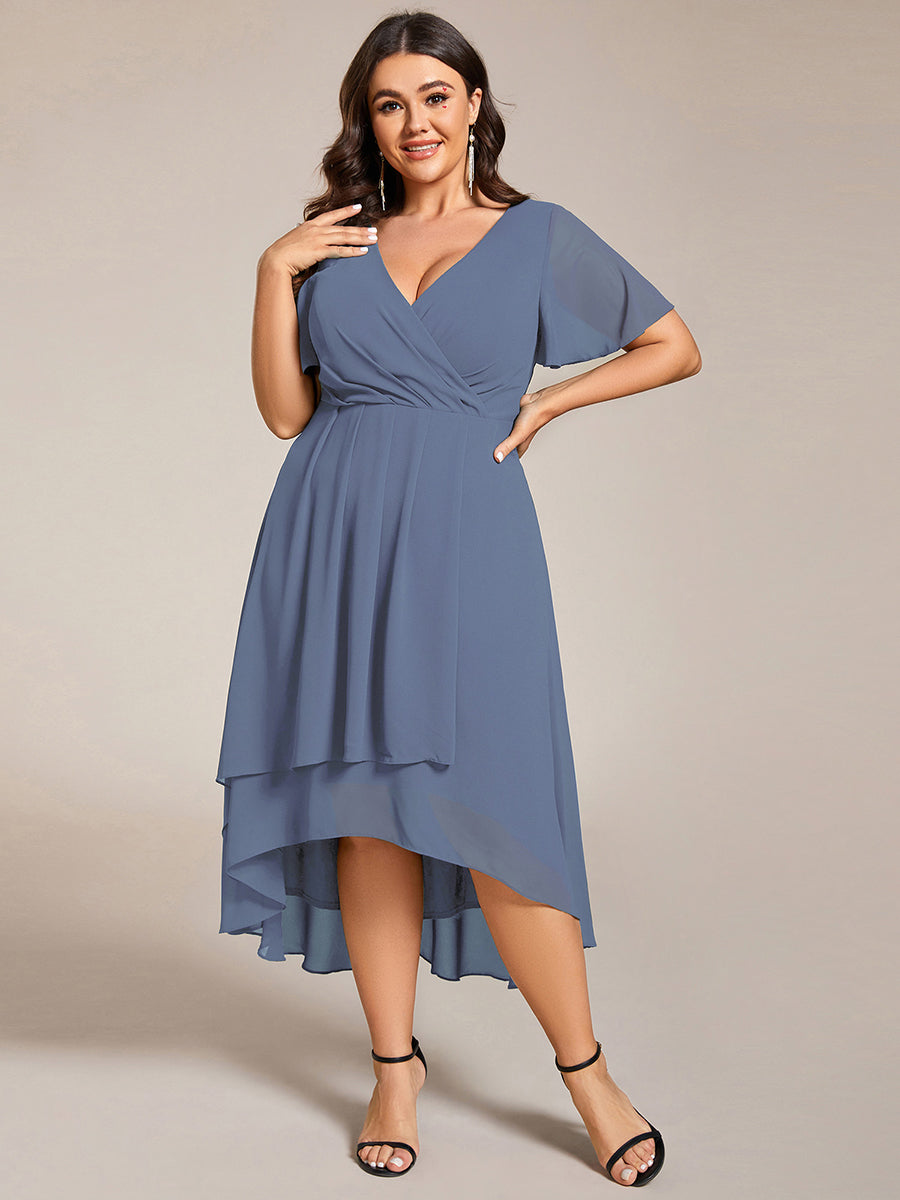 Evelyn - Deep V-Neck Chiffon Ruffle Sleeve Dress
