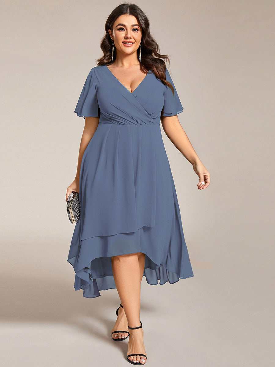 Evelyn - Deep V-Neck Chiffon Ruffle Sleeve Dress