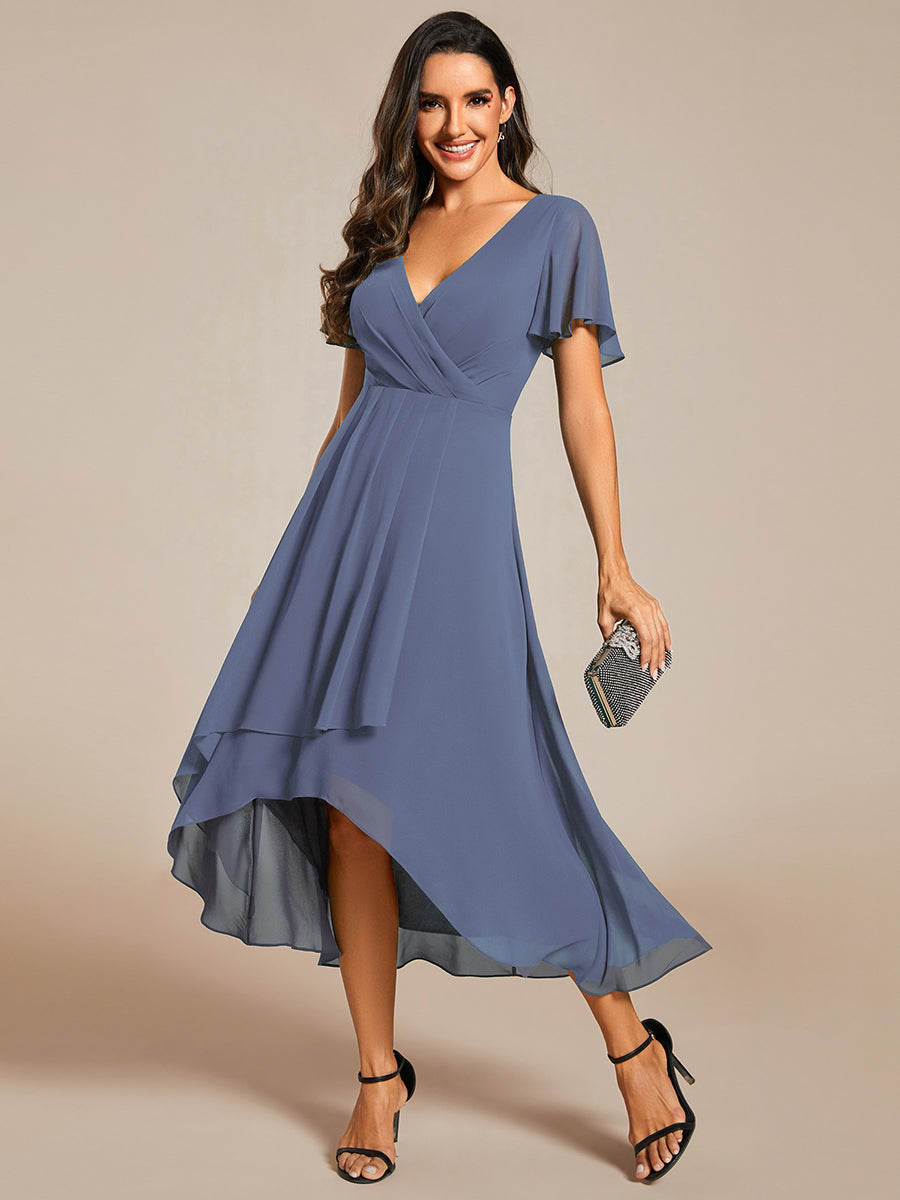Evelyn - Deep V-Neck Chiffon Ruffle Sleeve Dress