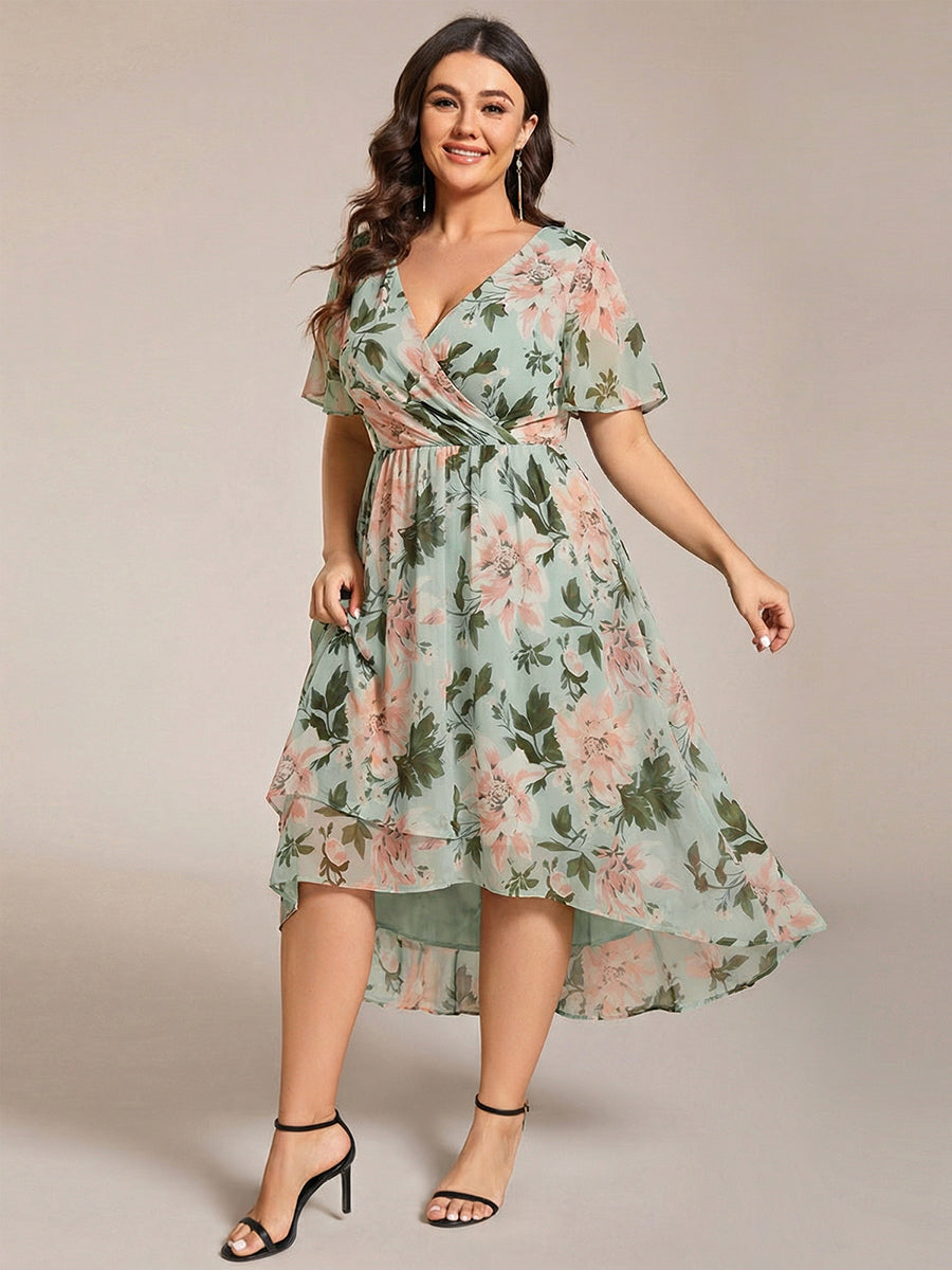 Victoria - Deep V-Neck Chiffon Ruffle Sleeve Dress